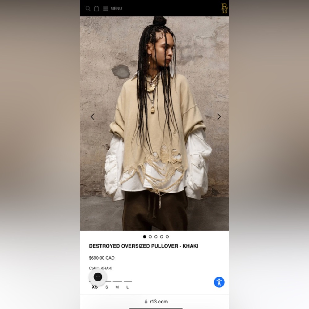 R13 DESTROYED OVERSIZED PULLOVER - KHAKI